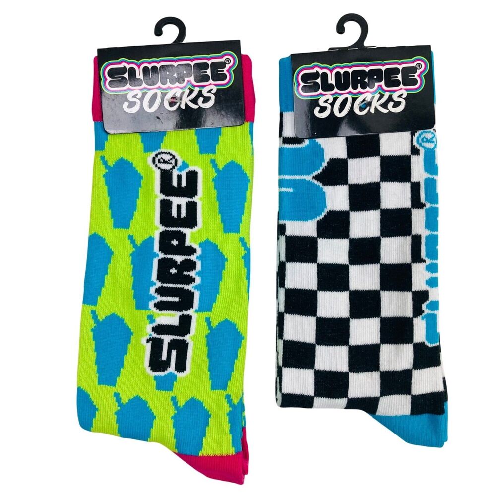7-Eleven Slurpee Socks Green & Checkered Pattern 2-Pack Quirky Funky Retro Style
